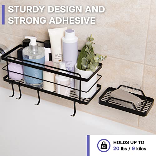 KINCMAX Shower Caddy Basket Shelf & Soap Dish Set (with Hooks)- Adhesive Drill-Free Bathroom Organizer - Shower Storage Shelves for Inside Shower w/Hooks for Accessories (Black)