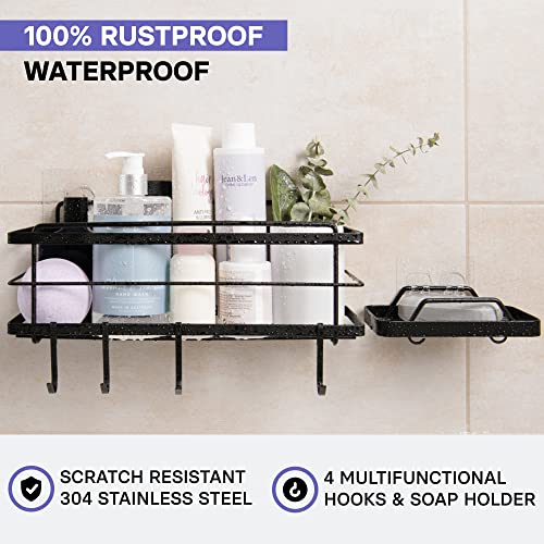 KINCMAX Shower Caddy Basket Shelf & Soap Dish Set (with Hooks)- Adhesive Drill-Free Bathroom Organizer - Shower Storage Shelves for Inside Shower w/Hooks for Accessories (Black)