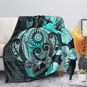 joaifo polynesian sea turtle print teal animal with flower hibiscus plumeria soft fluffy flannel blanket for adult and kids underwater couch bed sofa soft throw blanket
