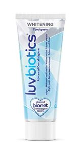 luvbiotics whitening toothpaste with probiotics & xylitol promotes good bacteria for whiter teeth, fresh breath & healthy gums.free from sls, parabens, artificial colours/flavours/sweeteners 75ml tube