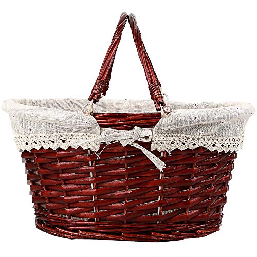 KINJOEK 2 Packs Wicker Woven Basket, Multipurpose Natural Willow Basket with Handle Premium Linen Cotton Cloth Lining for Storage and Decoration, Brown