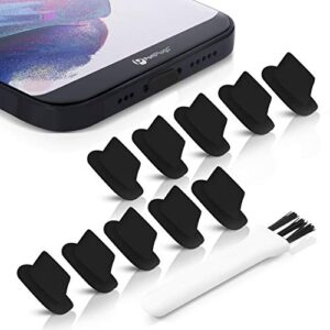 portplugs dust plugs (10 pack) flat design compatible with iphone 14, 13, 12, 11, x, 8, 7, plus, pro, max and air pods, includes charging port cleaning brush (black)
