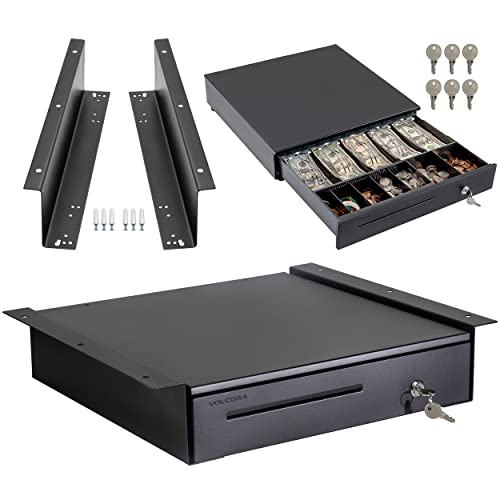 Cash Register Drawer with Under Counter Mounting Metal Bracket - 16” Black Cash Drawer for POS, 5 Bill 6 Coin Cash Tray, Removable Coin Compartment, 24V RJ11/RJ12 Key-Lock, Media Slot - For Businesses