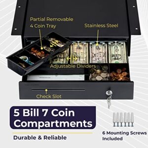 Cash Register Drawer with Under Counter Mounting Metal Bracket - 16” Black Cash Drawer for POS, 5 Bill 6 Coin Cash Tray, Removable Coin Compartment, 24V RJ11/RJ12 Key-Lock, Media Slot - For Businesses