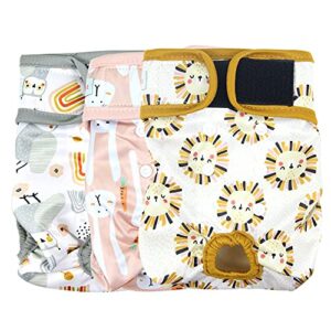 langsprit washable female dog diapers (3 pack) - no leak reusable diapers for doggy female in period - highly absorbent dog heat panties with adjustable snaps (rabbit, owl, lion, medium)