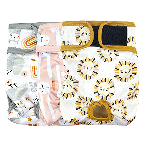 Langsprit Washable Female Dog Diapers (3 Pack) - No Leak Reusable Diapers for Doggy Female in Period - Highly Absorbent Dog Heat Panties with Adjustable Snaps (Rabbit, Owl, Lion, Medium)