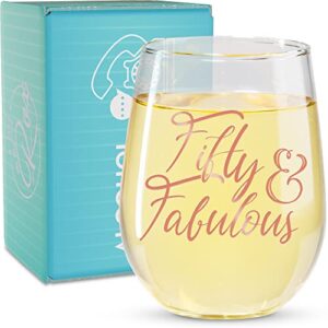 on the rox drinks 50th birthday stemless wine glass for women - 50 & fabulous- 50 year old wine glass birthday gift- rose gold print perfect for women, mom, friend, sister turning fifty - 17 oz