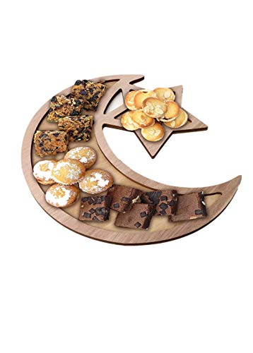 xiuginFU VIVIXIXILAOJH Rustic Wooden Crescent Moon Srar Eid Ramadan Party Food Serving Tableware Dessert Pastry Tray Display Holder Decor Ornament