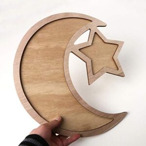 xiuginFU VIVIXIXILAOJH Rustic Wooden Crescent Moon Srar Eid Ramadan Party Food Serving Tableware Dessert Pastry Tray Display Holder Decor Ornament