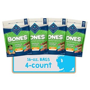 blue buffalo bones natural crunchy dog treats, small dog biscuits, assorted flavors- beef, chicken or bacon (16-oz bag, 4 count)
