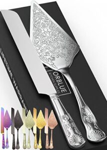 orblue wedding cake knife and server set - premium, beautifully engraved cutting set - elegant keepsake for newlyweds silver