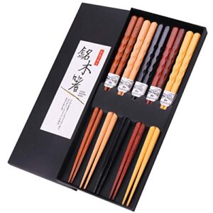 glamfields reusable chopsticks japanese natural wooden 5 pairs classic style lightweight hand-carved safe chop sticks 8.8 inch/22.5cm gift set