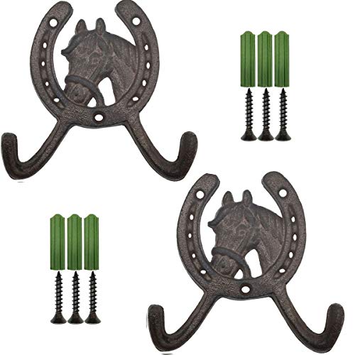 RONYOUNG 2PCS 4.5" Horse Head Horseshoe Western Double Cast Iron Wall Hooks Coat Hook Hat Horse Hook