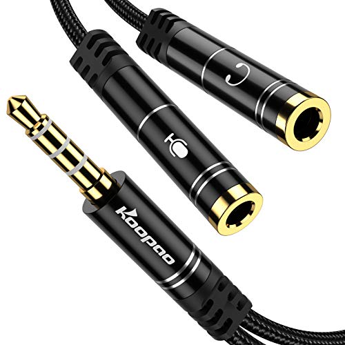 KOOPAO Headphone Mic Splitter, 3.5mm Nylon Braided Audio Adapter to Live Stream Compatible with Phone, Laptop, PS4,Gaming Headset, External Microphone and MP3 Players&More (Black)