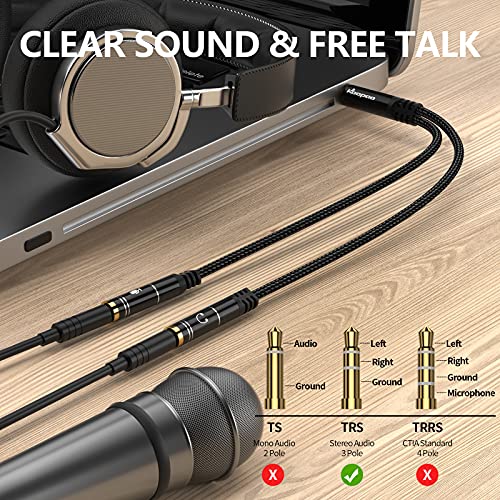 KOOPAO Headphone Mic Splitter, 3.5mm Nylon Braided Audio Adapter to Live Stream Compatible with Phone, Laptop, PS4,Gaming Headset, External Microphone and MP3 Players&More (Black)