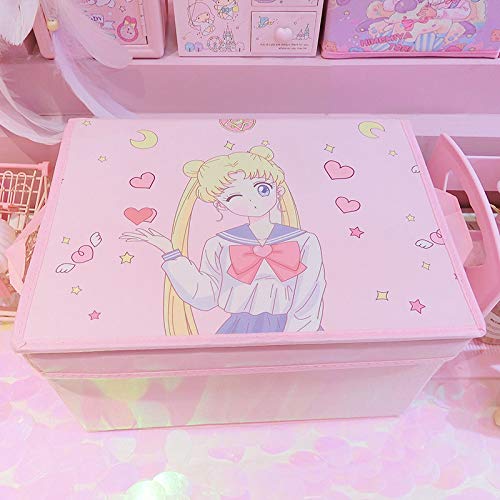 BelugaDesign Moon Large Bin Organizer | Big Storage Foldable Basket | Pink White Pastel Sailor Anime Cute Kawaii Cardboard | Collapsible Box for Office, Desk (Wink, Hearts)