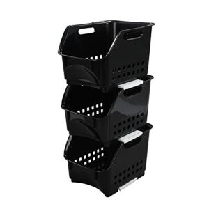 morcte 3-pack black plastic stacking organizer basket, plastic stackable storage bins