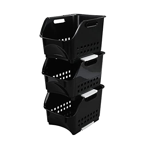 Morcte 3-Pack Black Plastic Stacking Organizer Basket, Plastic Stackable Storage Bins