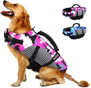 migohi dog life jacket, camo dog life vest with rescue handle for swimming boating pool, high visibility dog flotation swimsuit ripstop doggy lifesaver for small medium large dogs, pink m