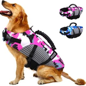 MIGOHI Dog Life Jacket, Camo Dog Life Vest with Rescue Handle for Swimming Boating Pool, High Visibility Dog Flotation Swimsuit Ripstop Doggy Lifesaver for Small Medium Large Dogs, Pink M