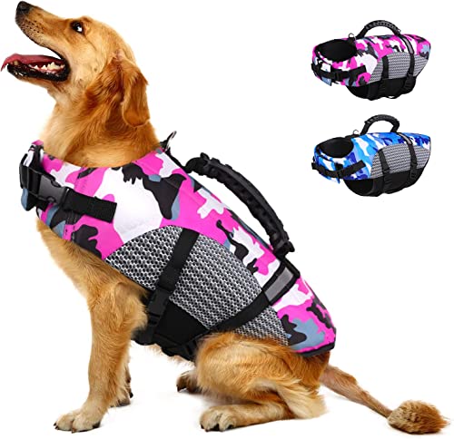 MIGOHI Dog Life Jacket, Camo Dog Life Vest with Rescue Handle for Swimming Boating Pool, High Visibility Dog Flotation Swimsuit Ripstop Doggy Lifesaver for Small Medium Large Dogs, Pink M