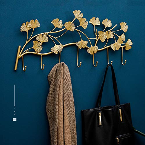 JWZQ Coat Hooks for Wall Mounted, 1x Iron Hook Coat Rack, Ginkgo Biloba Gold Coat Hooks, for Clothes, Hats, Robes, Purse, Towels, 5/7 Hook