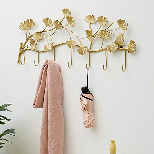 JWZQ Coat Hooks for Wall Mounted, 1x Iron Hook Coat Rack, Ginkgo Biloba Gold Coat Hooks, for Clothes, Hats, Robes, Purse, Towels, 5/7 Hook