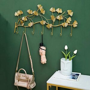 JWZQ Coat Hooks for Wall Mounted, 1x Iron Hook Coat Rack, Ginkgo Biloba Gold Coat Hooks, for Clothes, Hats, Robes, Purse, Towels, 5/7 Hook