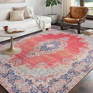 washable rug indoor 8x10, rugs with rubber backing, non slip area persian rug, foldable rug thin, traditional bohemian red big rug for bedroom, living room, rv carpet, machine washable carpets