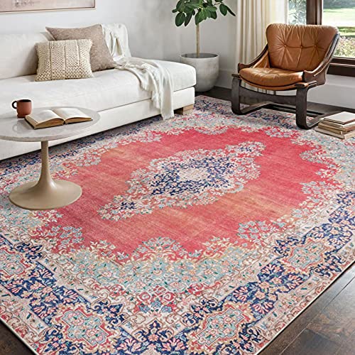 Washable Rug Indoor 8x10, Rugs with Rubber Backing, Non Slip Area Persian Rug, Foldable Rug Thin, Traditional Bohemian Red Big Rug for Bedroom, Living Room, rv Carpet, Machine Washable Carpets