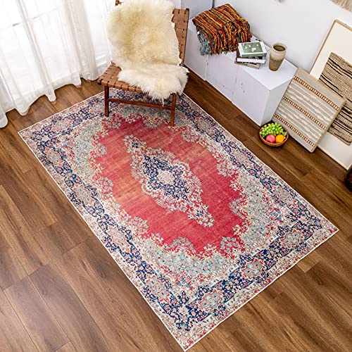 Washable Rug Indoor 8x10, Rugs with Rubber Backing, Non Slip Area Persian Rug, Foldable Rug Thin, Traditional Bohemian Red Big Rug for Bedroom, Living Room, rv Carpet, Machine Washable Carpets