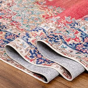 Washable Rug Indoor 8x10, Rugs with Rubber Backing, Non Slip Area Persian Rug, Foldable Rug Thin, Traditional Bohemian Red Big Rug for Bedroom, Living Room, rv Carpet, Machine Washable Carpets