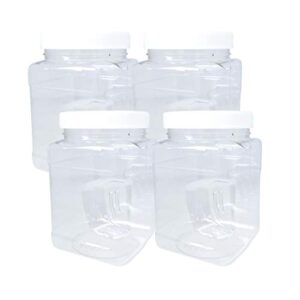 kelkaa 32oz clear pet plastic square wide mouth jars with grip handle and white ribbed lined caps, bpa free, multi-use empty containers, household dried food canisters, made in the usa (pack of 4)