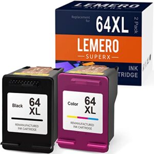 lemerosuperx remanufactured ink cartridge replacement for hp 64 64xl 64 xl work for envy photo 7120 7130 7132 7155 7164 7830 7820 7855 7858 6230 6220 6232 6255 6252 (black tri-color, 2 pack)
