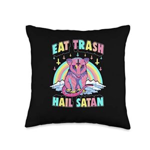 funny possum gifts eat trash hail satan kawaii pastel goth possum throw pillow, 16x16, multicolor