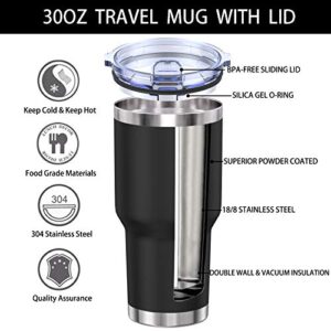 Aikico 30oz Stainless Steel Tumbler, Vacuum Insulated Coffee Tumblers Cups, Durable Wall Travel Mug Tumbler with Splash Proof Sliding Lid and Straws, for Ice and Hot Drink, Black