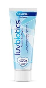 luvbiotics original toothpaste with probiotics & xylitol promotes good bacteria for fresh breath, healthy gums & teeth. free from sls, parabens, artificial colors, flavors, and sweeteners 75ml tube