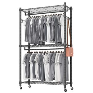 heavy duty garment rack on wheels, portable clothes racks for hanging clothes, simple sturdy wardrobe rack with double hanging bar, 2 hanger hooks - hold up to 400lbs (black, 2rod 2hook)