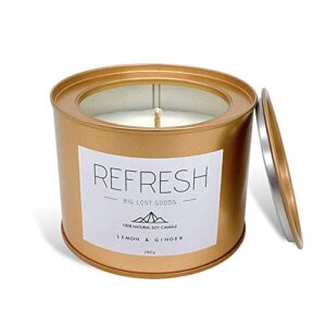 big lost goods refresh candle | lemon & ginger scented | 10 oz tin made with 100% soy wax and natural essential oils || use for: energy, rejuvenation, positivity, and revitalization