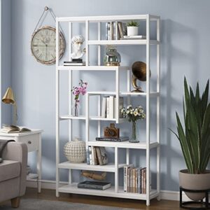 tribesigns 8-shelves staggered bookshelf, rustic industrial etagere bookcase for office, vintage book shelves display shelf organizer for home garden (white)
