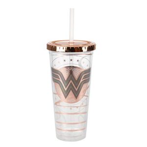 seven20 dc wonder woman travel cup with straw, 22oz - acrylic tumbler mug w/rose gold wonder woman symbol design - gift for kids, teens & adults