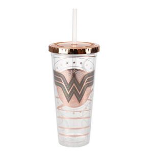 Seven20 DC Wonder Woman Travel Cup with Straw, 22oz - Acrylic Tumbler Mug w/Rose Gold Wonder Woman Symbol Design - Gift for Kids, Teens & Adults