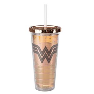 Seven20 DC Wonder Woman Travel Cup with Straw, 22oz - Acrylic Tumbler Mug w/Rose Gold Wonder Woman Symbol Design - Gift for Kids, Teens & Adults