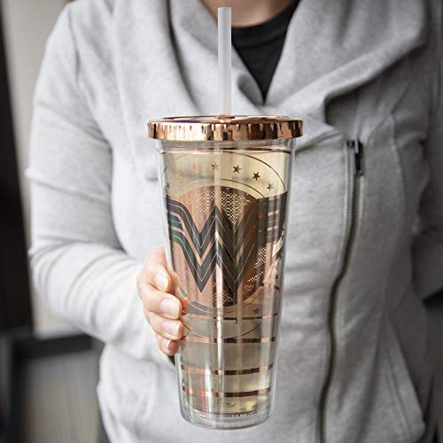Seven20 DC Wonder Woman Travel Cup with Straw, 22oz - Acrylic Tumbler Mug w/Rose Gold Wonder Woman Symbol Design - Gift for Kids, Teens & Adults
