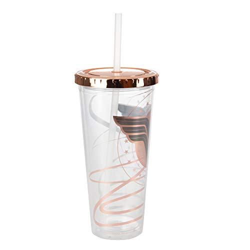 Seven20 DC Wonder Woman Travel Cup with Straw, 22oz - Acrylic Tumbler Mug w/Rose Gold Wonder Woman Symbol Design - Gift for Kids, Teens & Adults