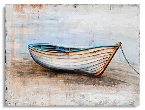 SYGALLERIER Coastal Canvas Wall Art Hand Painted Boat Still Life Painting Modern Nautical Pictures Aesthetic Artwork for Living Room Bedroom Bathroom Decor