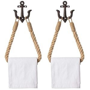 Nautical Hand Towel Holder - Thick Hemp Rope with Heavy Anchors,Beach Theme Decoration,Bamboo As A Rolling Shaft,Toilet Paper,Towel,Bath Towel or Shower Curtain Can be Hung,Hemp Rope 24 in,Set of 2