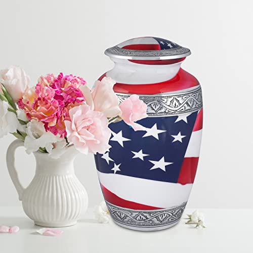 Goroly Home American Flag Hand Engraved Cremation Urn for Adult Human Ashes, Veterans, First Responders, Patriots - A Beautiful Urn for Your Loved Ones Remains with Elegant Finish - 10 Inch