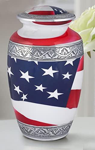 Goroly Home American Flag Hand Engraved Cremation Urn for Adult Human Ashes, Veterans, First Responders, Patriots - A Beautiful Urn for Your Loved Ones Remains with Elegant Finish - 10 Inch