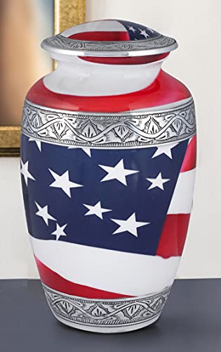 Goroly Home American Flag Hand Engraved Cremation Urn for Adult Human Ashes, Veterans, First Responders, Patriots - A Beautiful Urn for Your Loved Ones Remains with Elegant Finish - 10 Inch